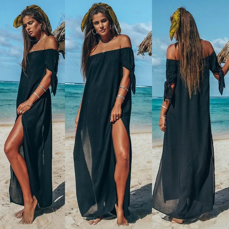 Sexy Off Shoulder Beach Dress Women Tunic Solid Cover Up Summer Maxi  Dresses