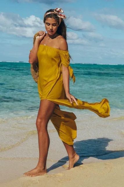 Sexy Off Shoulder Beach Dress Women Tunic Solid Cover Up Summer Maxi  Dresses