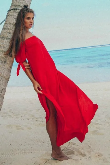 Sexy Off Shoulder Beach Dress Women Tunic Solid Cover Up Summer Maxi  Dresses