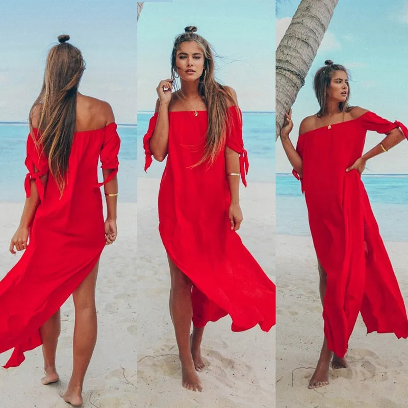 Sexy Off Shoulder Beach Dress Women Tunic Solid Cover Up Summer Maxi  Dresses