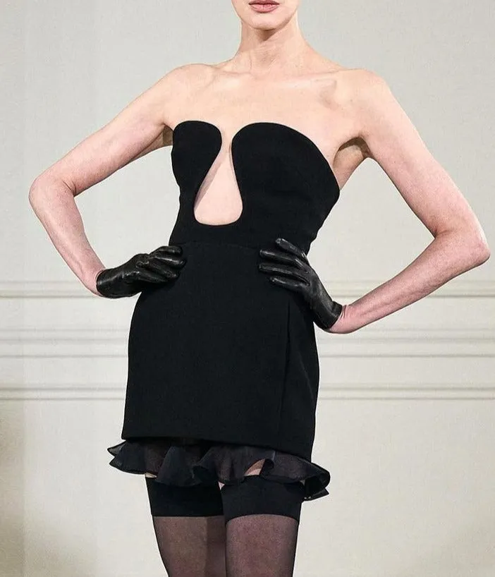Sexy Strapless V-Neck Ruffle Skinny Mini Bandage Dress