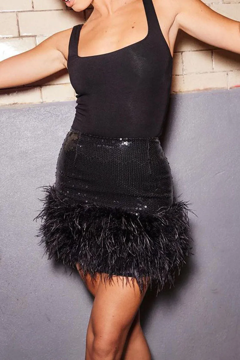 Sexy Street Solid Sequins Patchwork Feathers High Waist Pencil Solid Color Bottoms