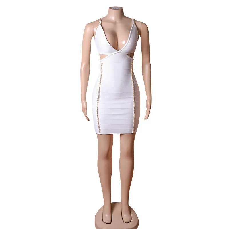 Sexy V Neck Hollow Out Backless Black White Chain Bandage Dress