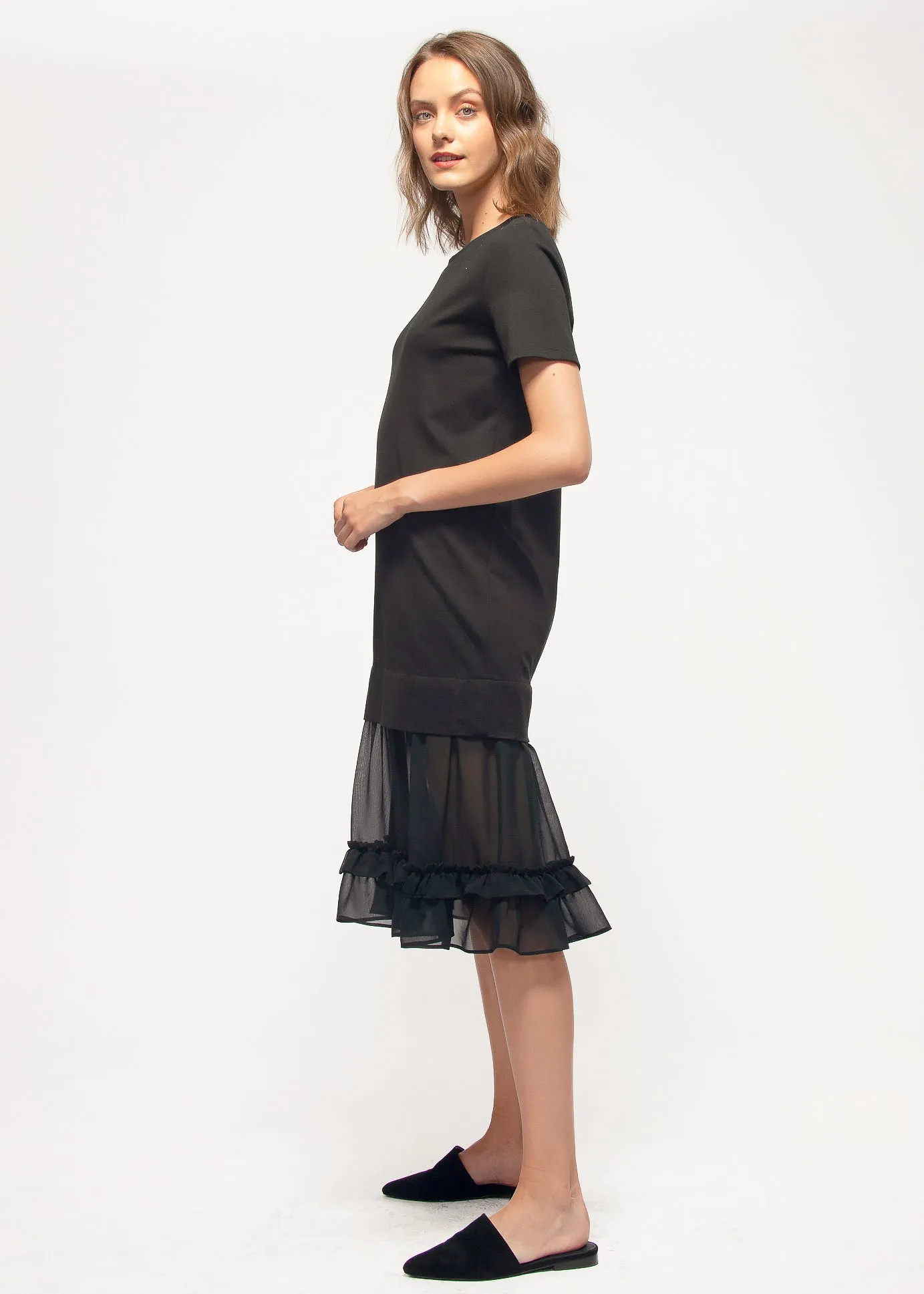 Sheer Contrast Ruffle Hem Midi Dress In Black by Shop at Konus