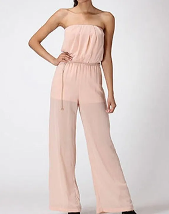 Sheer Pink Jumpsuit With Chain Belt