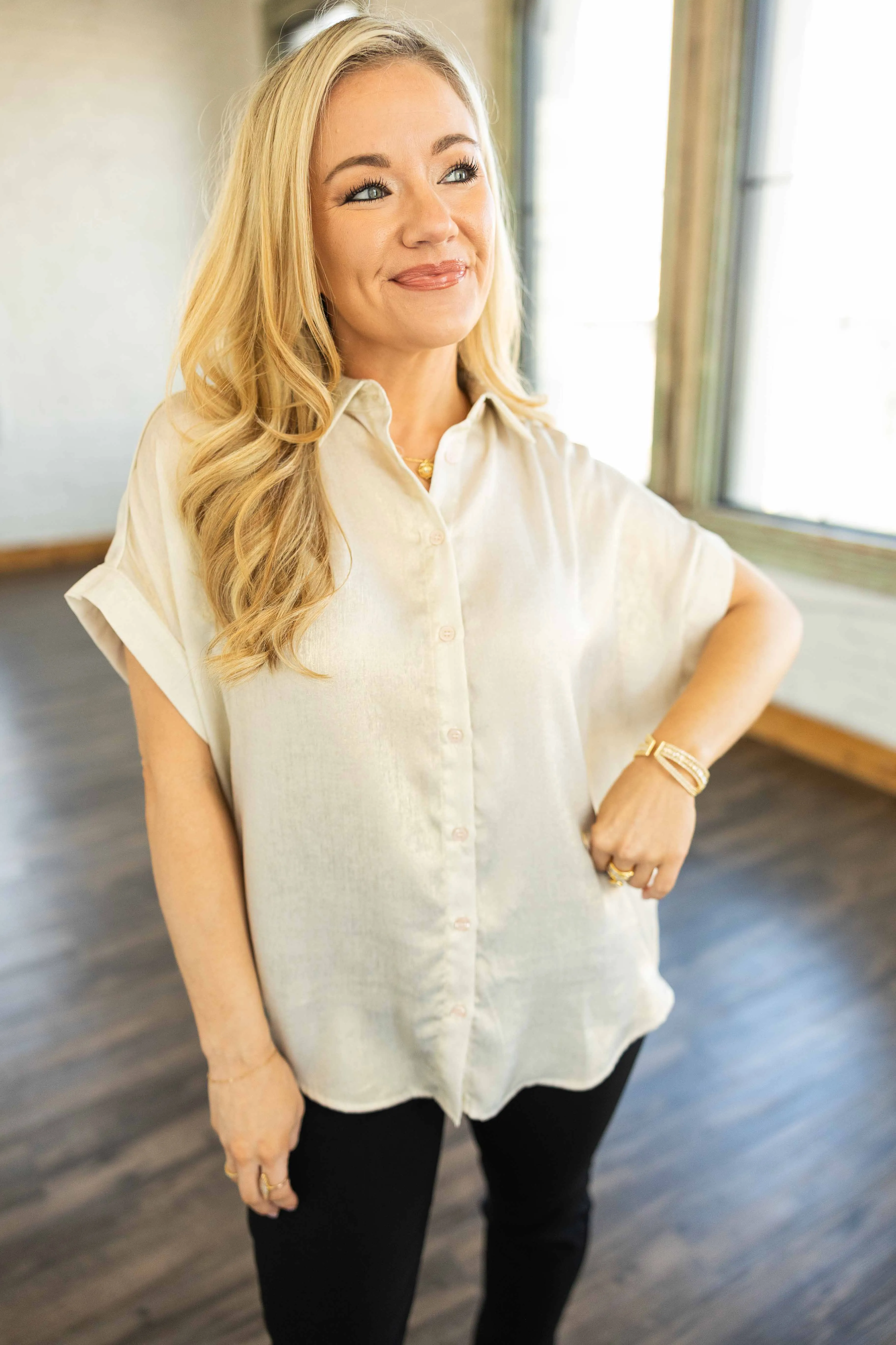 SHIMMERY NIGHT PEARL BUTTON DOWN TOP