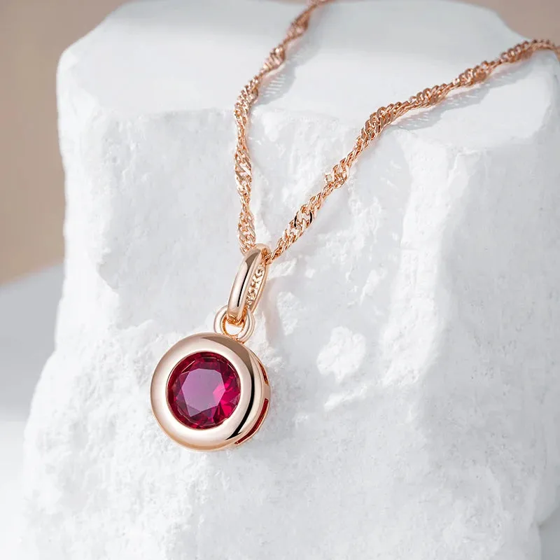 Shiny Red Natural Zircon Pendant Necklace – Rose Gold Ethnic Vintage Jewelry