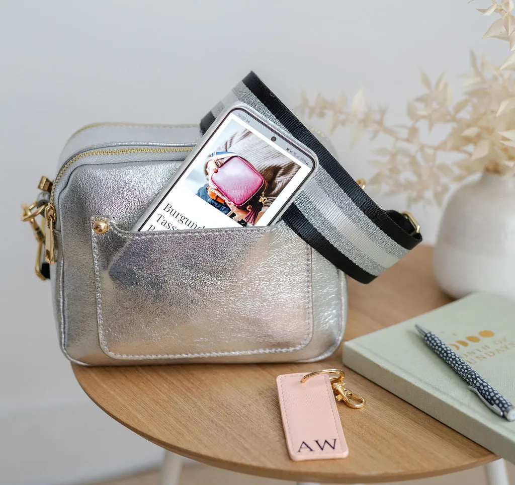 Silver Leather Double Zip Cross Body Bag
