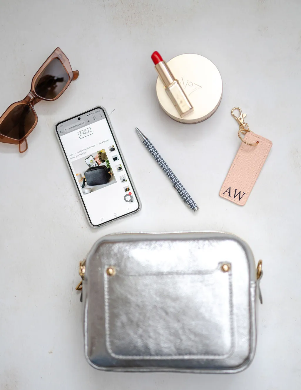 Silver Leather Double Zip Cross Body Bag