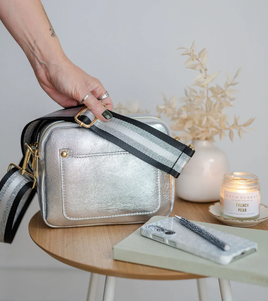 Silver Leather Double Zip Cross Body Bag