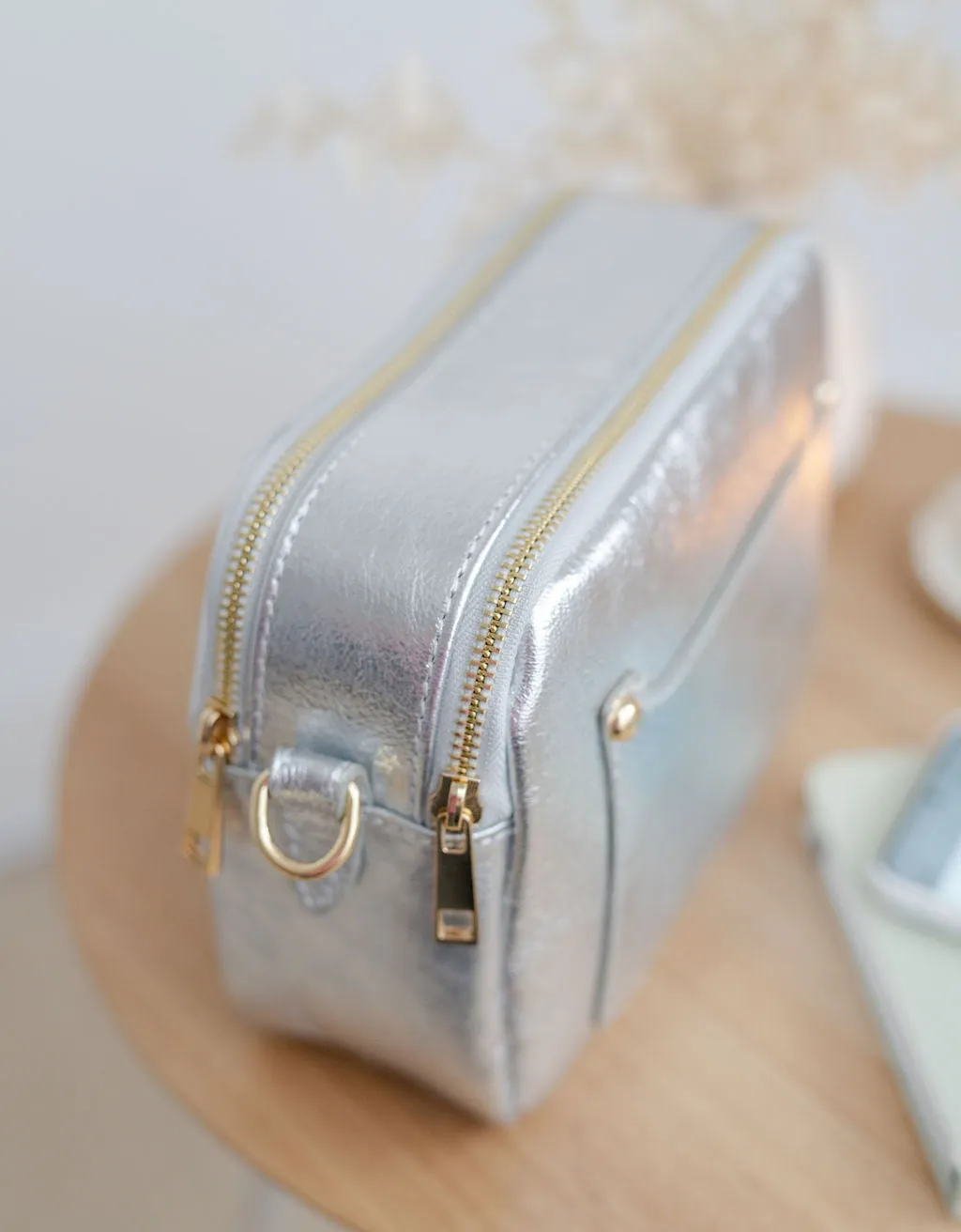 Silver Leather Double Zip Cross Body Bag