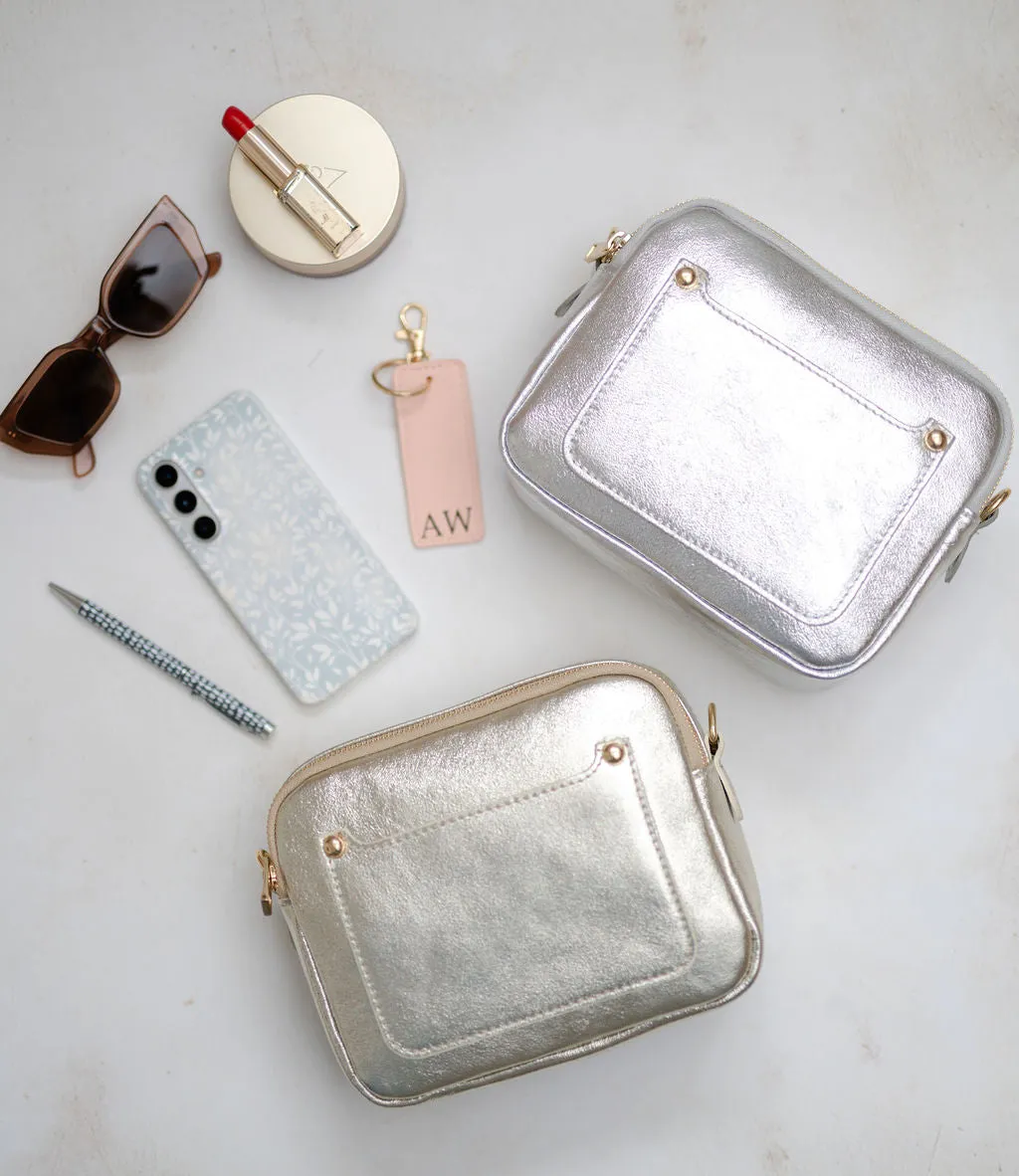 Silver Leather Double Zip Cross Body Bag