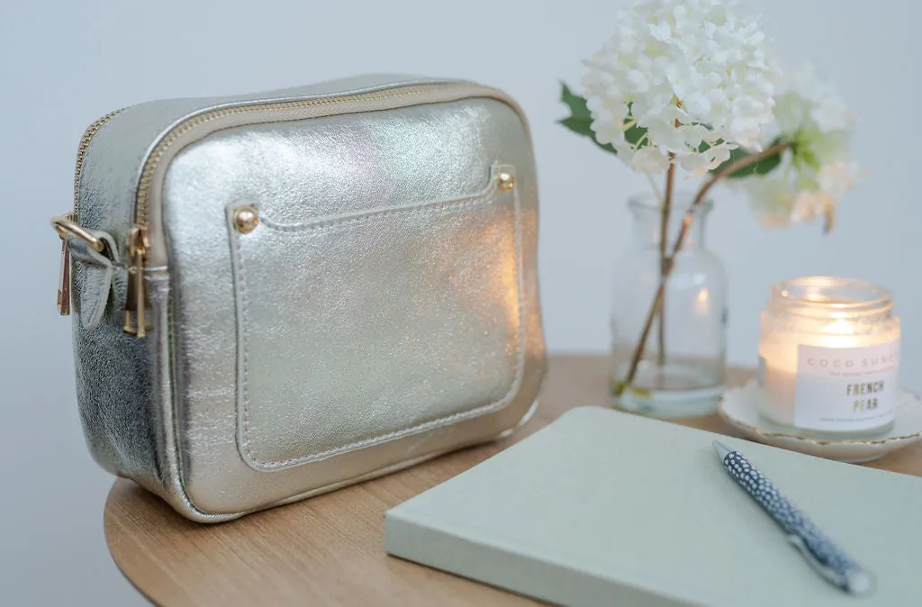 Silver Leather Double Zip Cross Body Bag