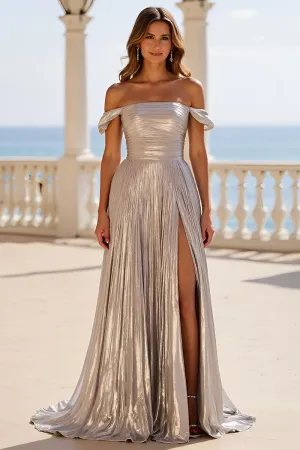 Silver Metallic Off The Shoulder Long A Line Prom Dress with Pleats