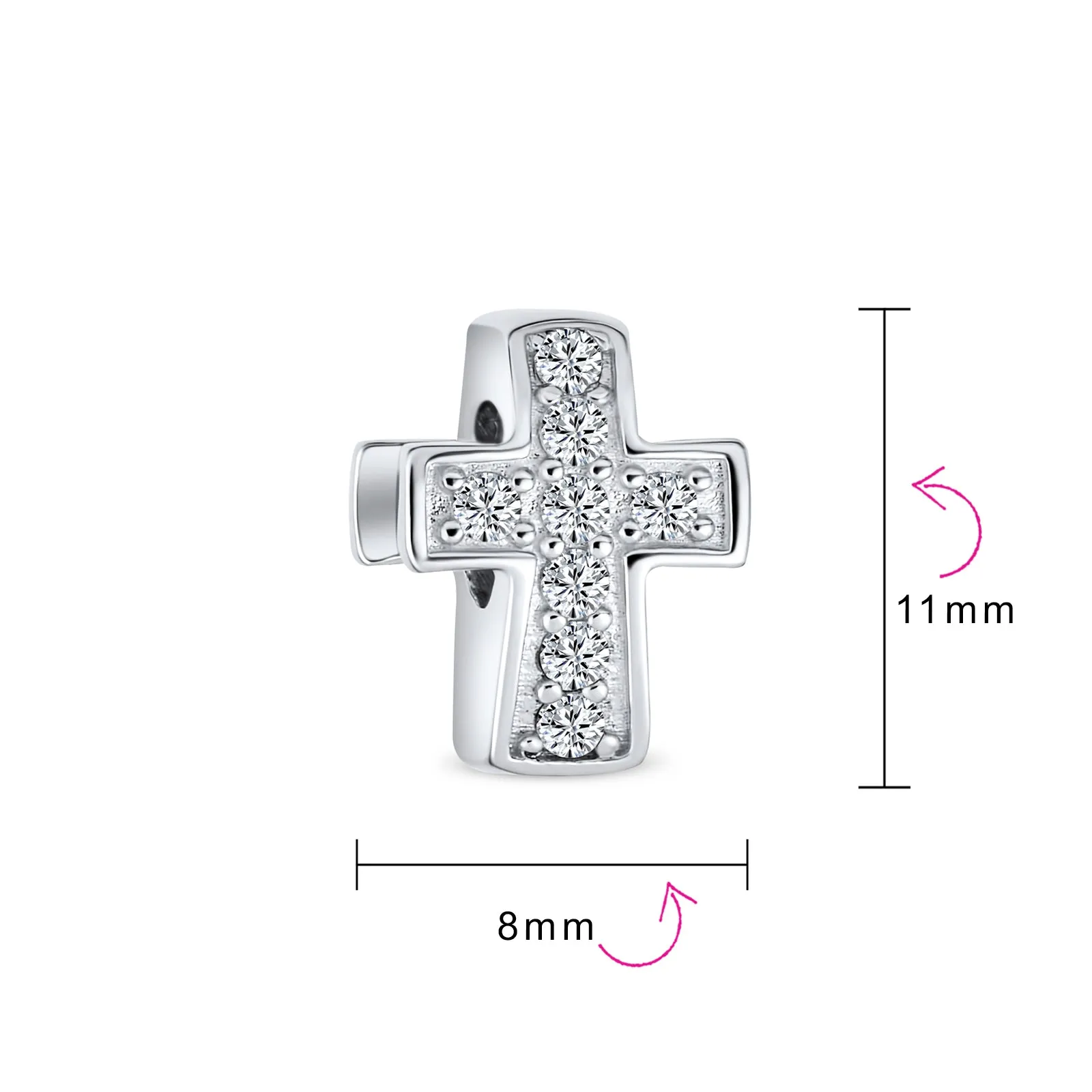 Simple Sparkling CZ Cross Charm Bead Communion & Weddings Sterling Silver Fit