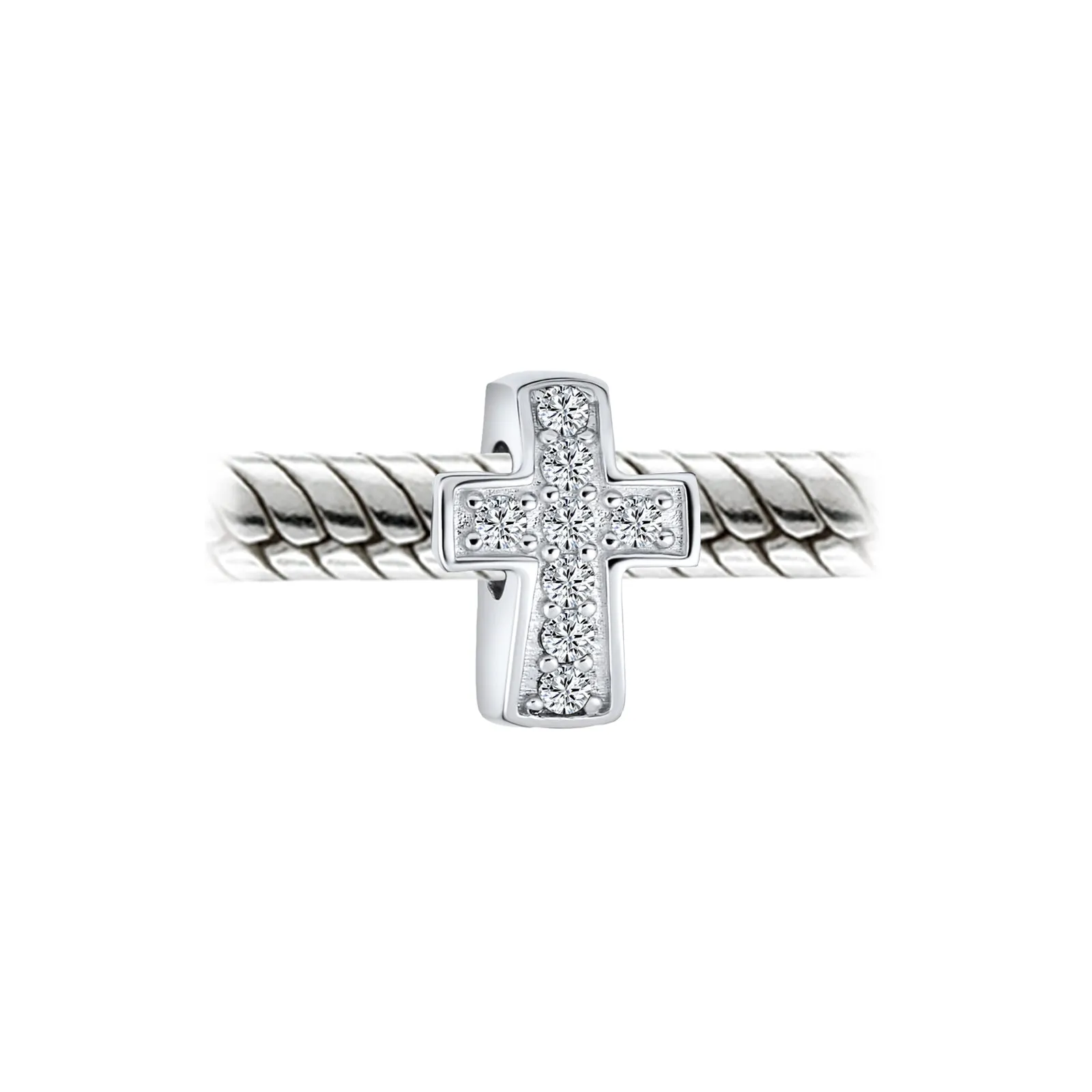 Simple Sparkling CZ Cross Charm Bead Communion & Weddings Sterling Silver Fit