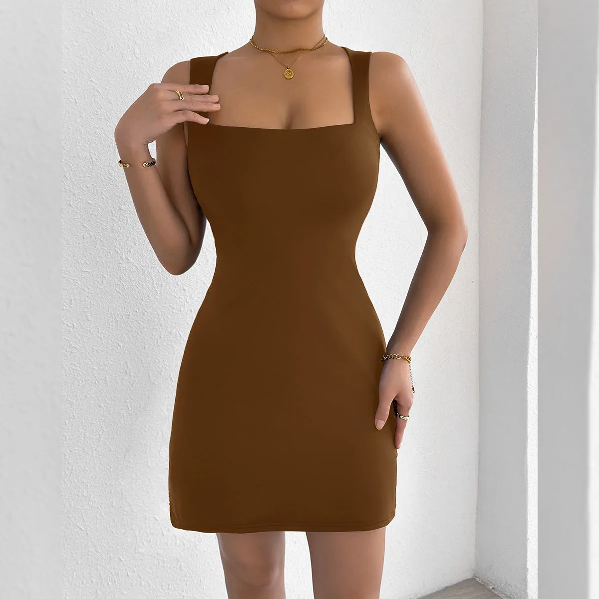 Sleek Square Neck Strap Dress with Slim Fit for a Sexy, Chic Look