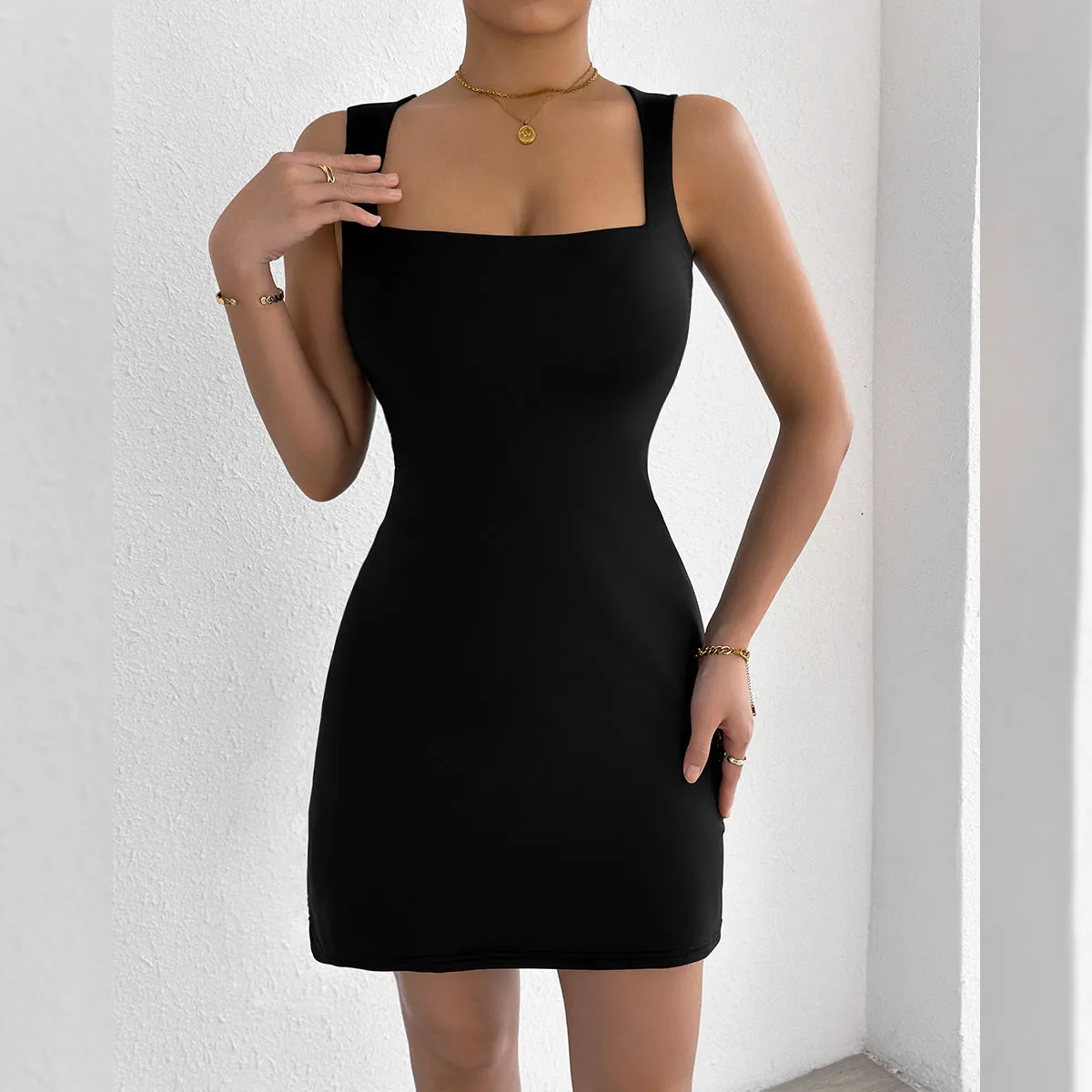 Sleek Square Neck Strap Dress with Slim Fit for a Sexy, Chic Look