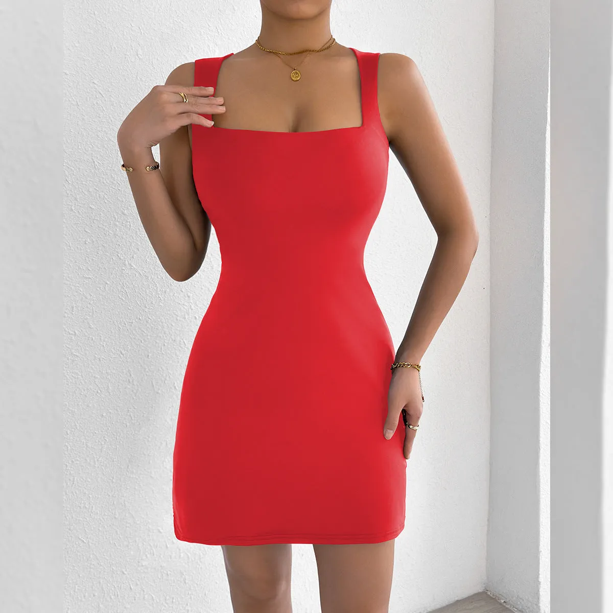 Sleek Square Neck Strap Dress with Slim Fit for a Sexy, Chic Look