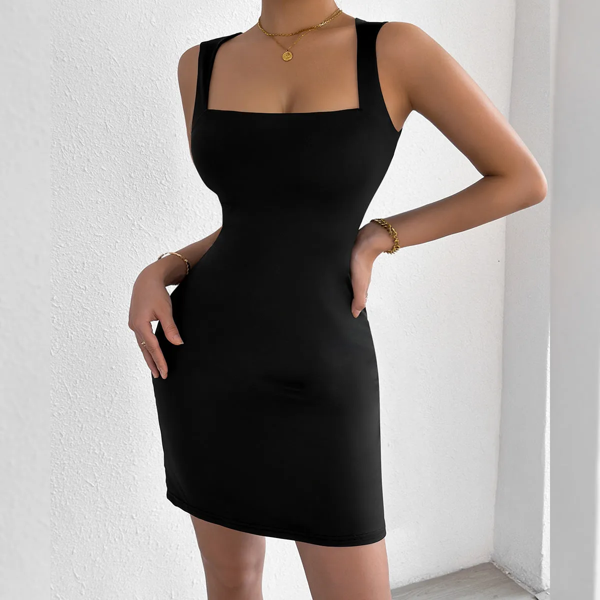 Sleek Square Neck Strap Dress with Slim Fit for a Sexy, Chic Look