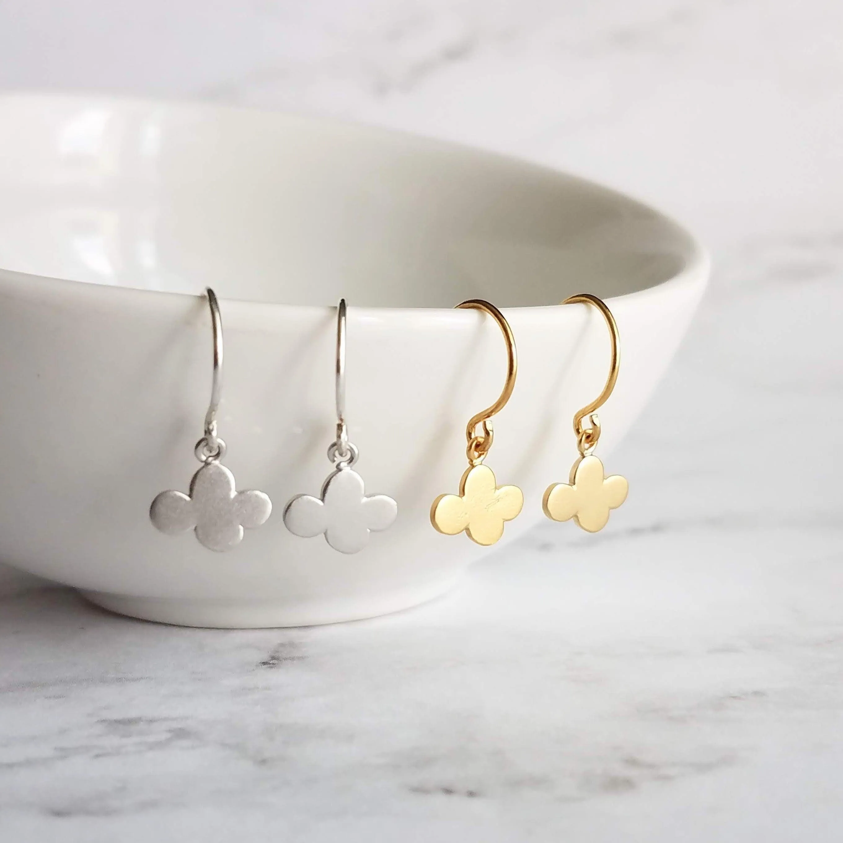 Small Cloud Earrings - very tiny silver puff cumulus charm dangles - upgrade to simple dainty .925 sterling hooks - rain storm weather gift
