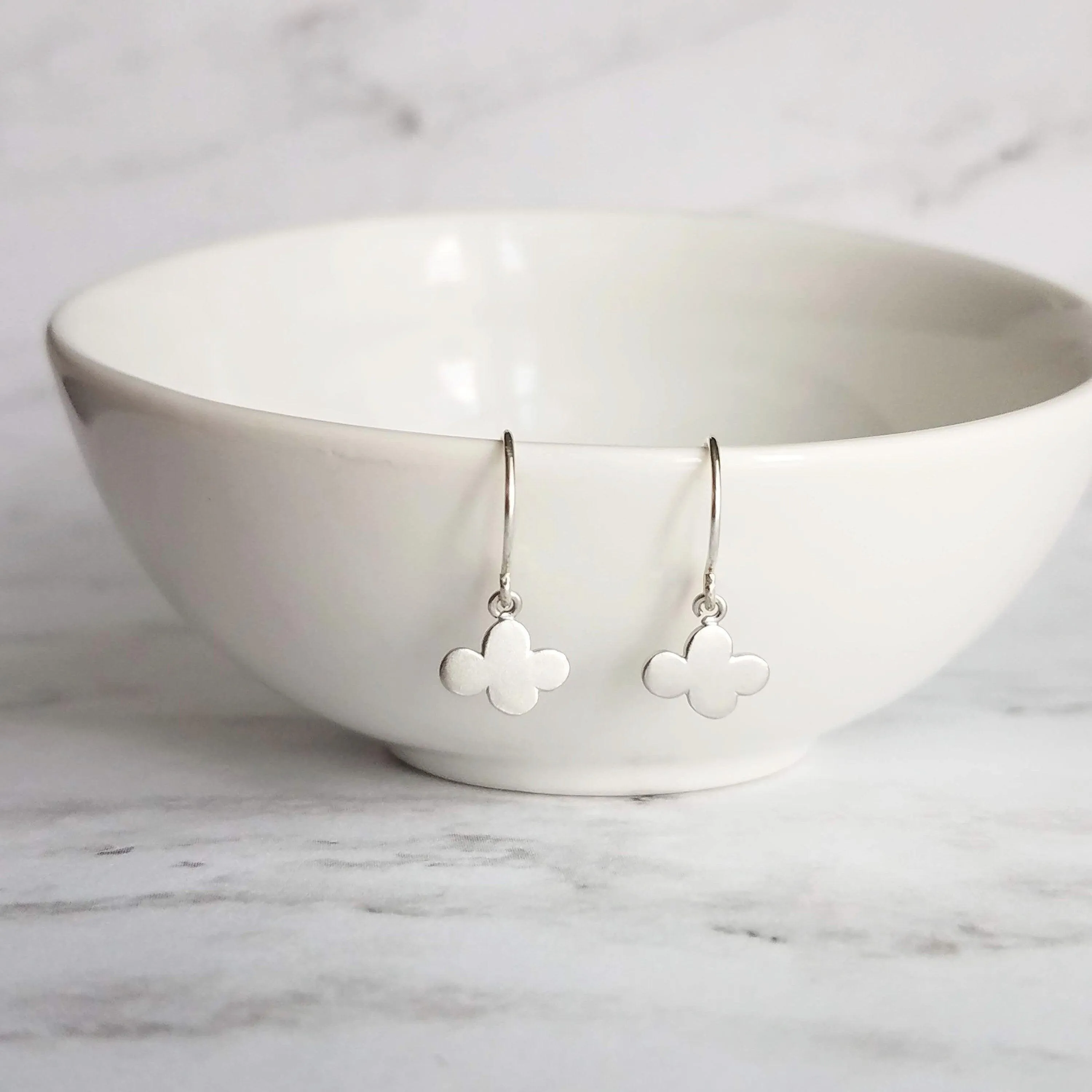 Small Cloud Earrings - very tiny silver puff cumulus charm dangles - upgrade to simple dainty .925 sterling hooks - rain storm weather gift