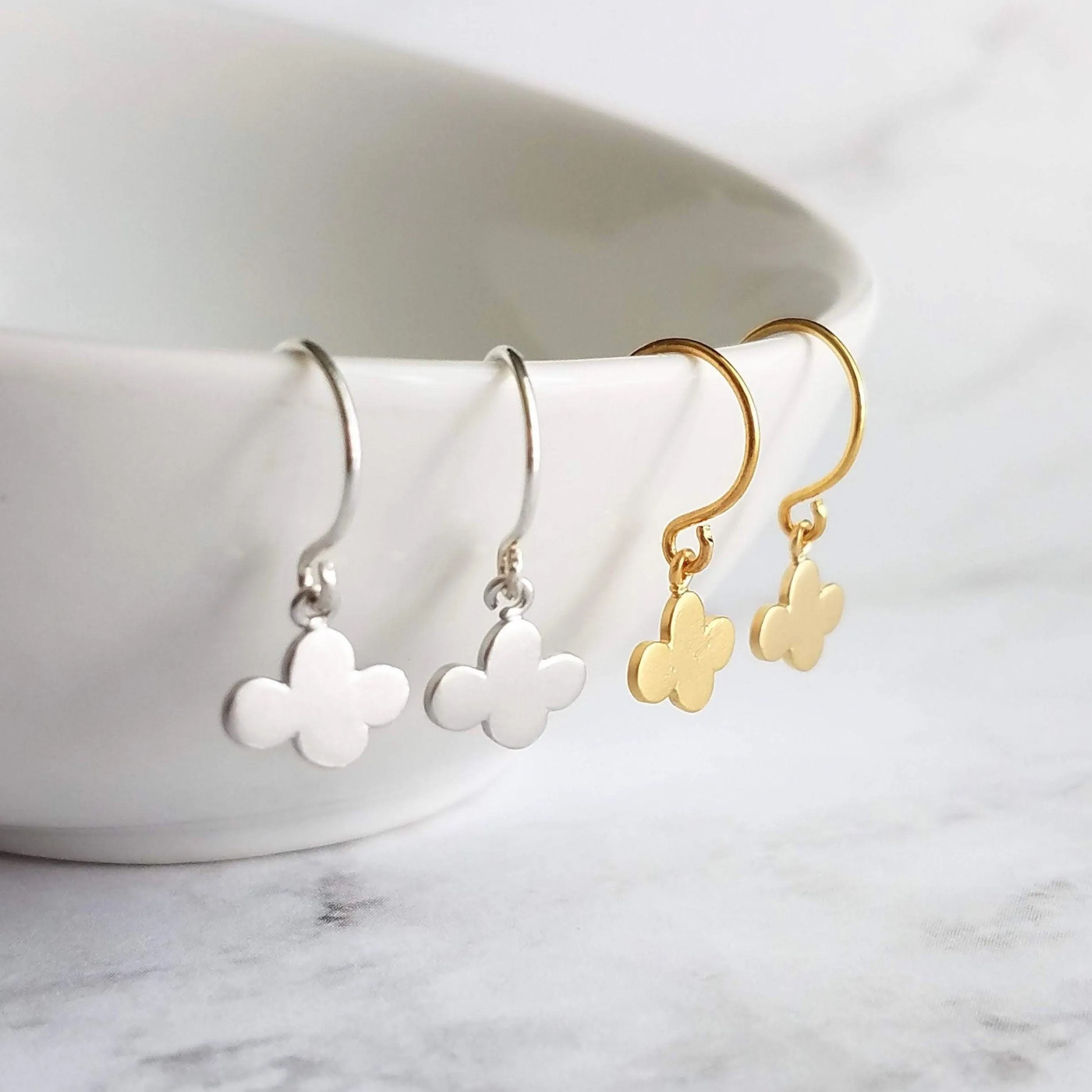 Small Cloud Earrings - very tiny silver puff cumulus charm dangles - upgrade to simple dainty .925 sterling hooks - rain storm weather gift