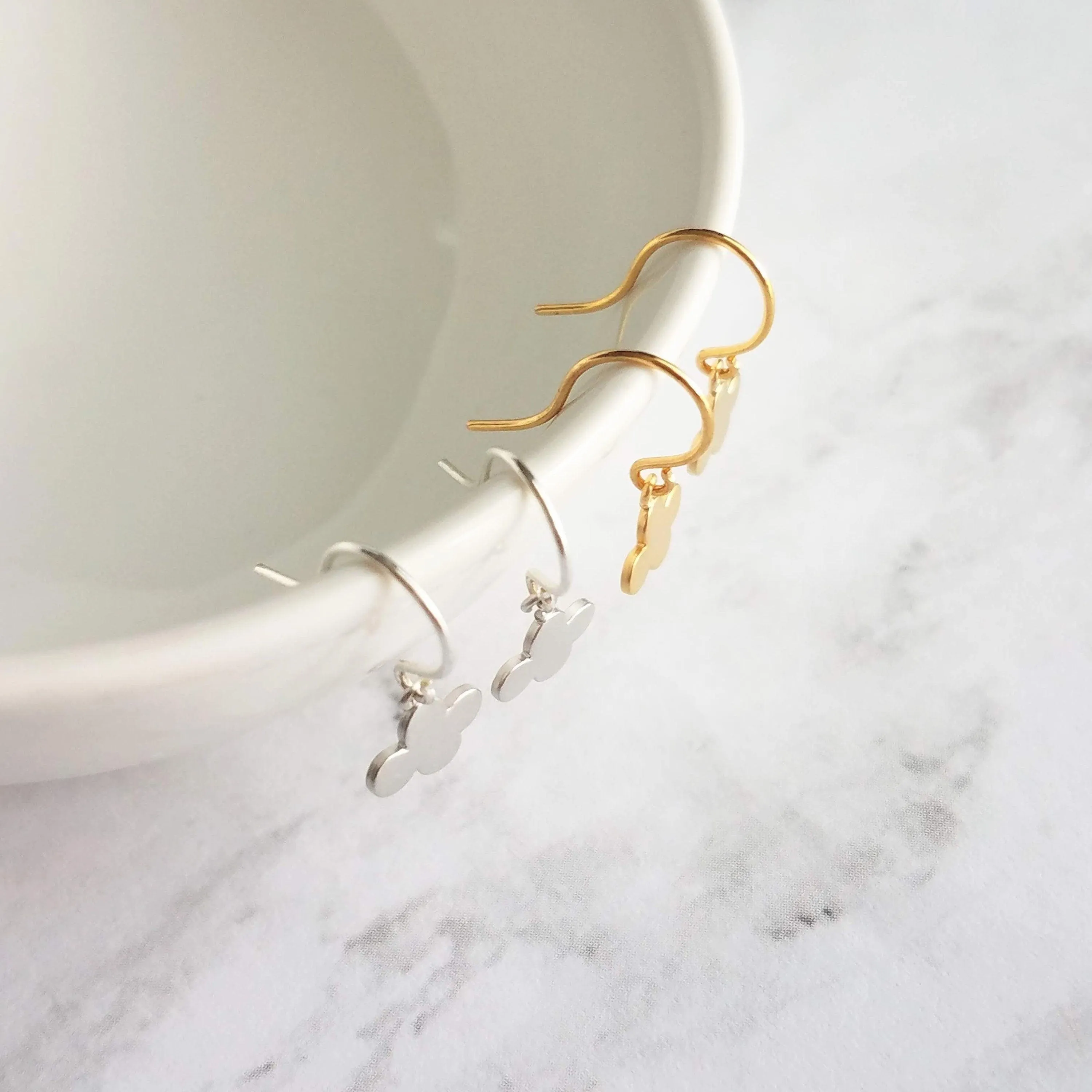 Small Cloud Earrings - very tiny silver puff cumulus charm dangles - upgrade to simple dainty .925 sterling hooks - rain storm weather gift