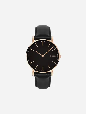 Solar Watch with Black & Rose Gold Dial  | Black Vegan Leather Strap