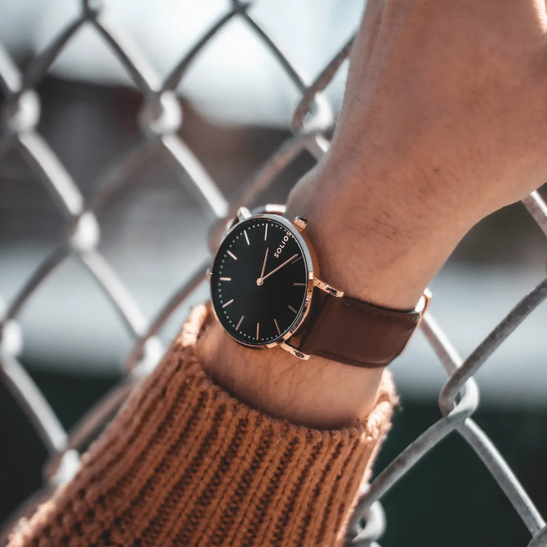 Solar Watch with Black & Rose Gold Dial   | Brown Vegan Leather Strap