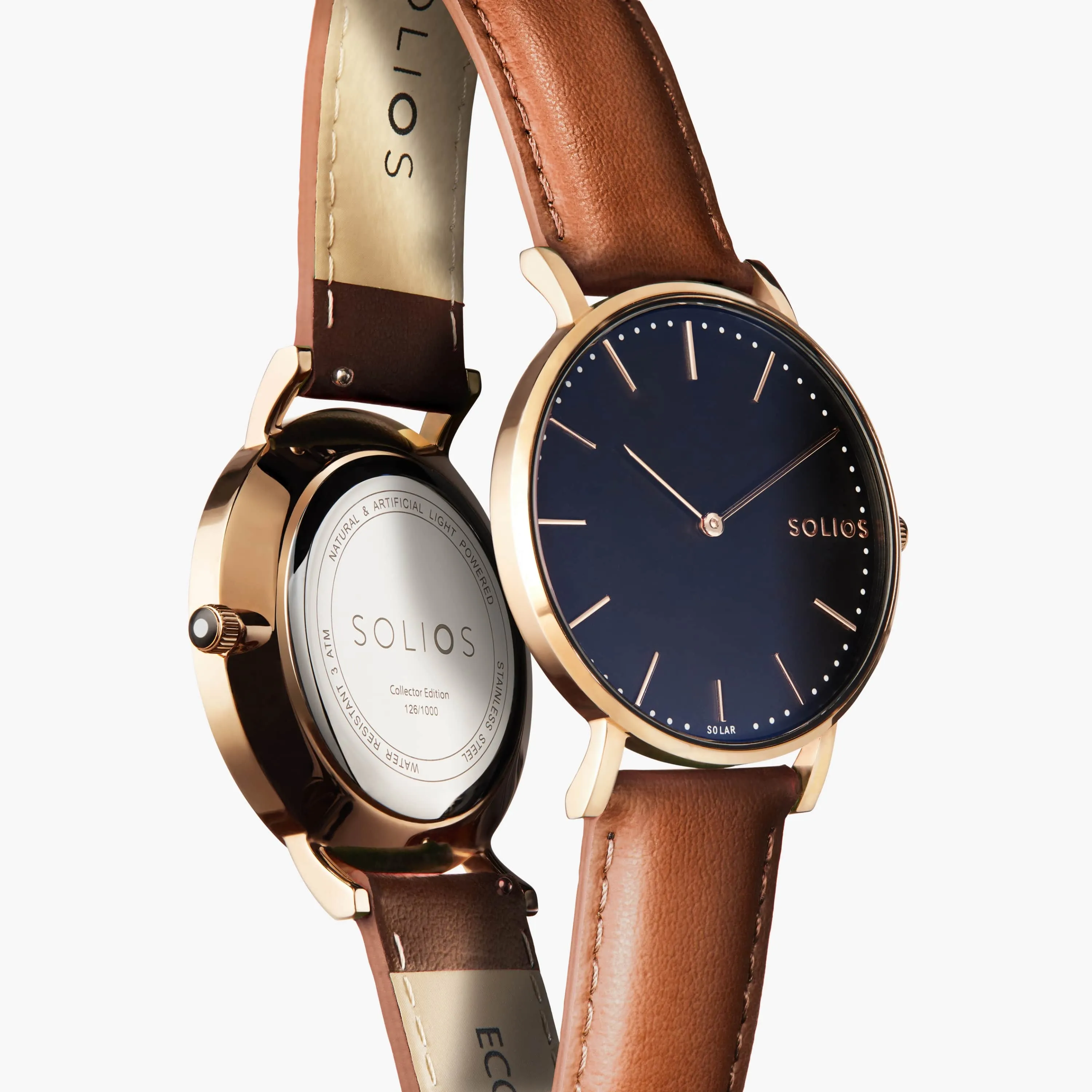 Solar Watch with Black & Rose Gold Dial   | Brown Vegan Leather Strap