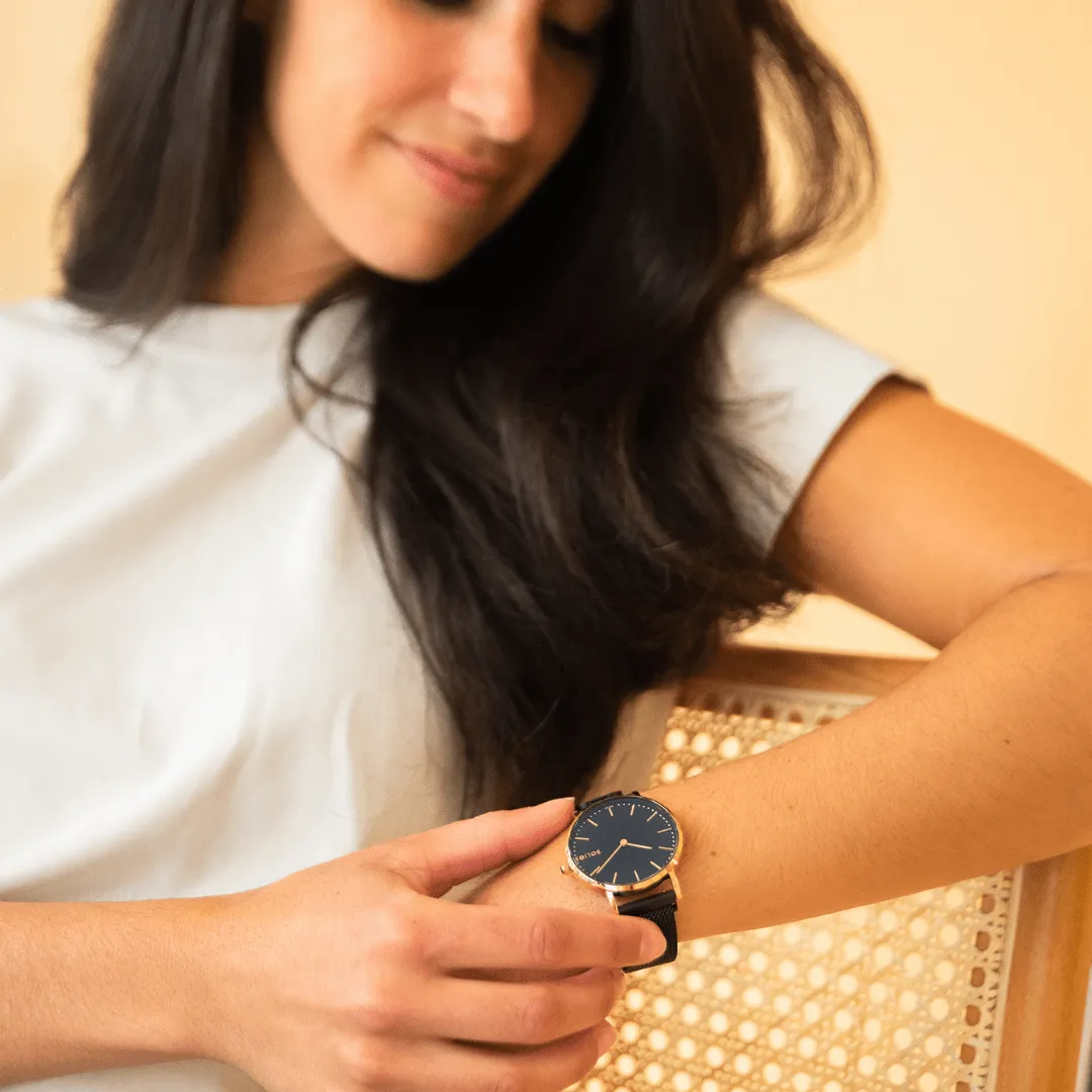 Solar Watch with Black & Rose Gold Dial   | Brown Vegan Leather Strap