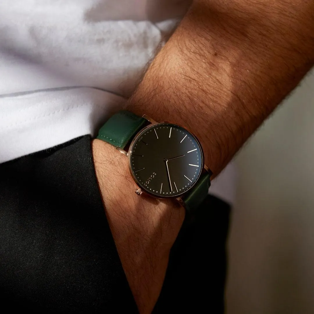 Solar Watch with Black & Rose Gold Dial   | Brown Vegan Leather Strap