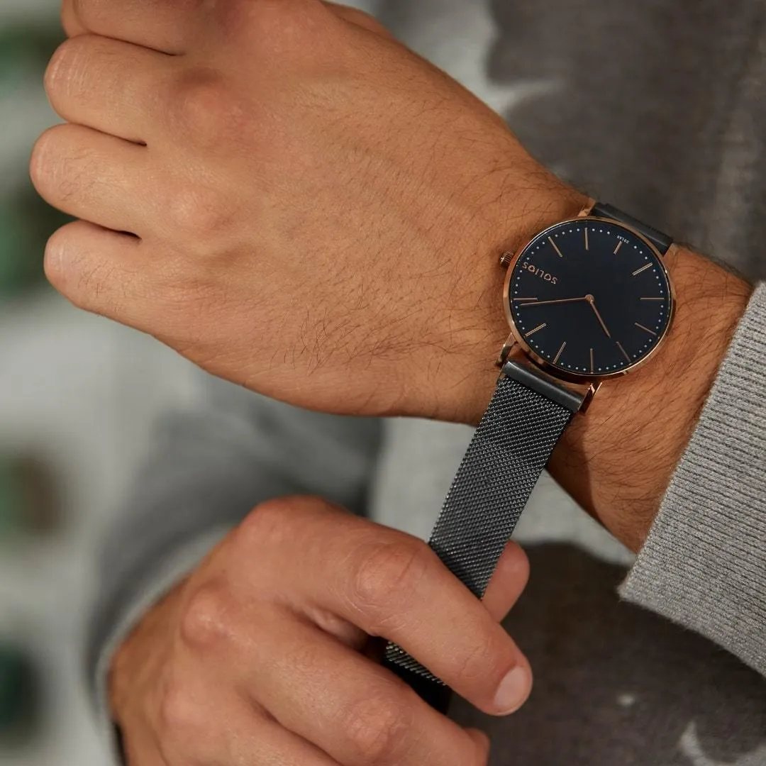 Solar Watch with Black & Rose Gold Dial   | Brown Vegan Leather Strap
