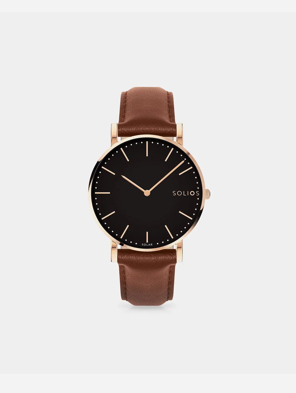 Solar Watch with Black & Rose Gold Dial   | Brown Vegan Leather Strap