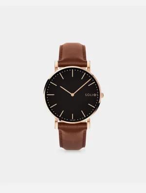 Solar Watch with Black & Rose Gold Dial   | Brown Vegan Leather Strap