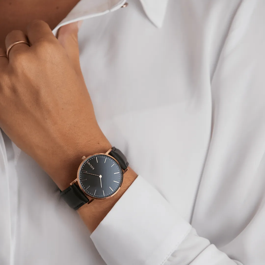 Solar Watch with Black & Rose Gold Dial   | Brown Vegan Leather Strap
