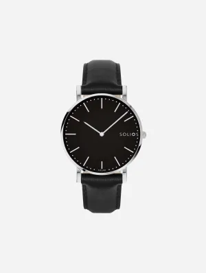 Solar Watch with Black & Silver Dial  | Black Vegan Leather Strap