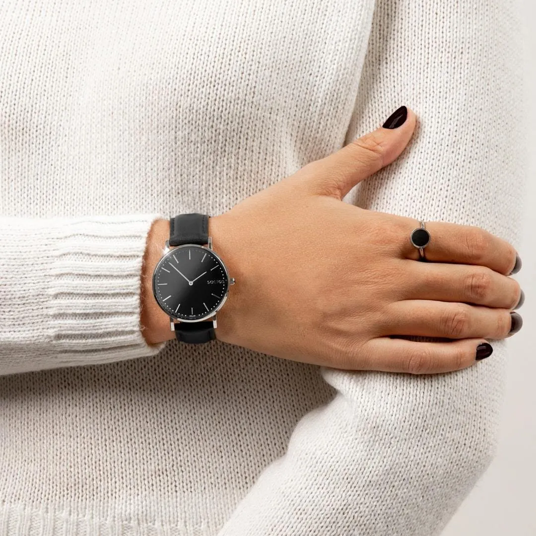 Solar Watch with Black & Silver Dial  | Black Vegan Leather Strap