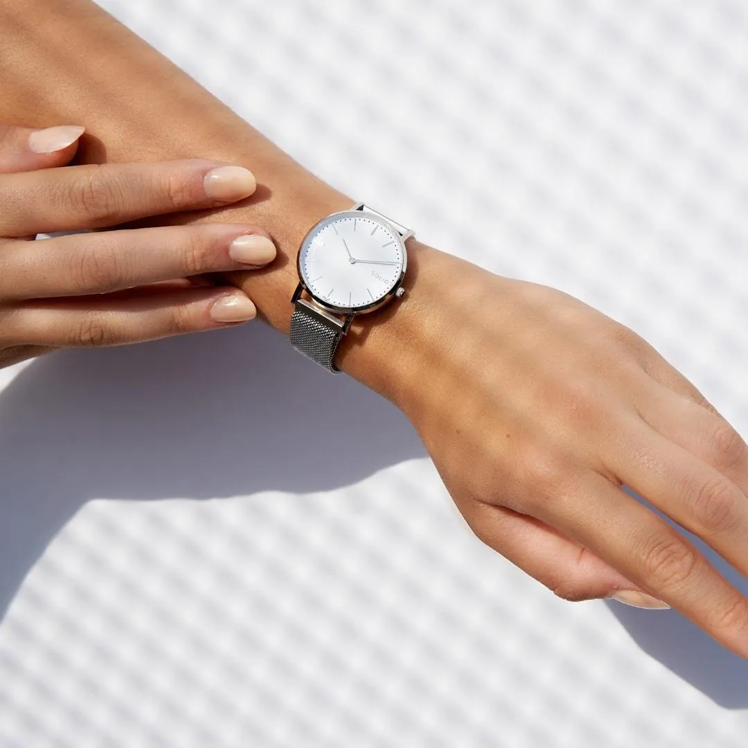 Solar Watch with White & Silver Dial | Silver Mesh Strap