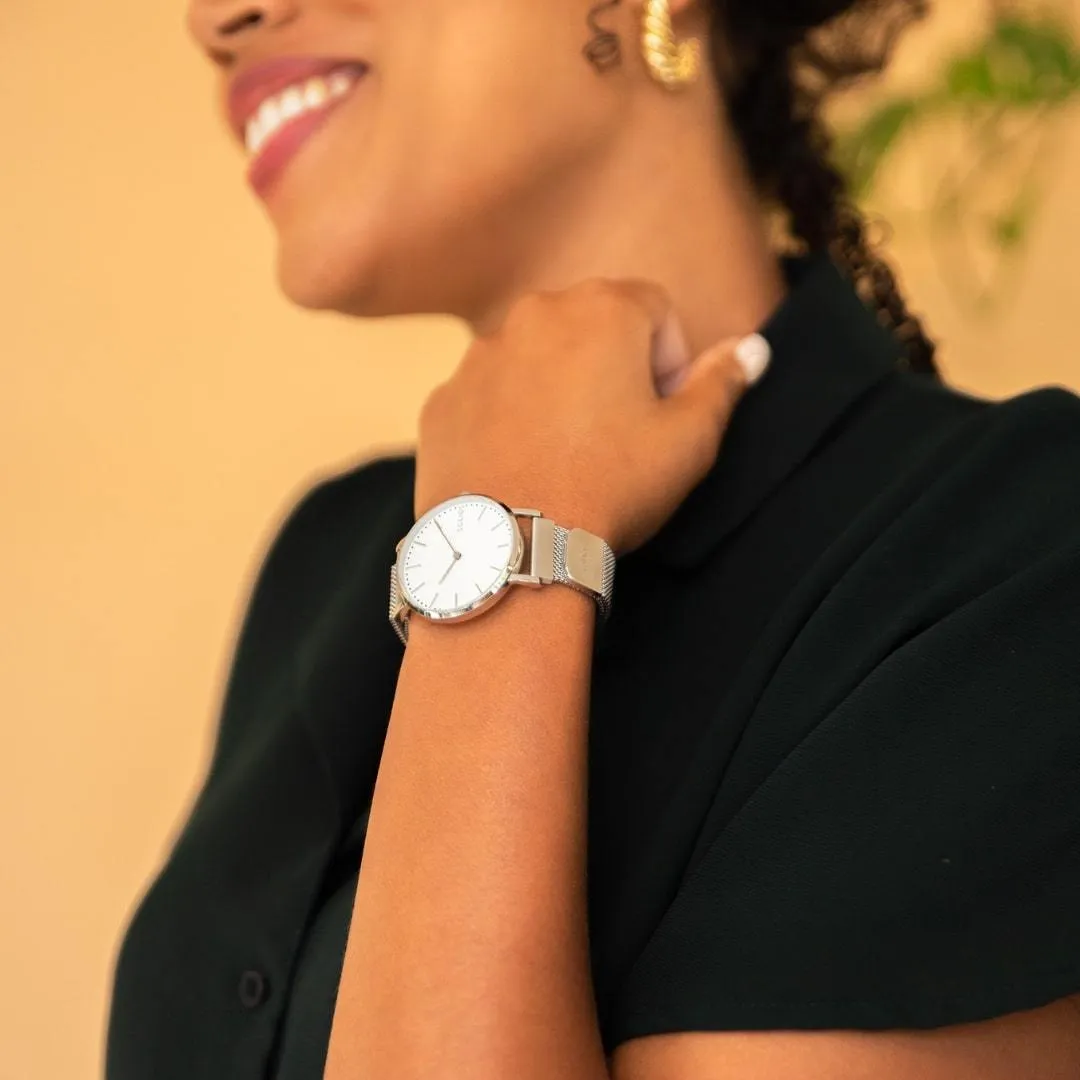Solar Watch with White & Silver Dial | Silver Mesh Strap