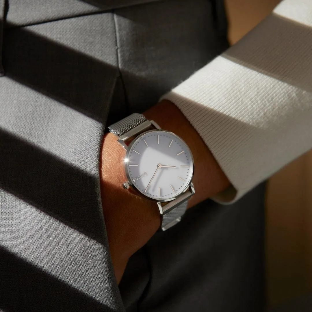 Solar Watch with White & Silver Dial | Silver Mesh Strap