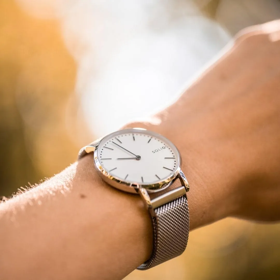 Solar Watch with White & Silver Dial | Silver Mesh Strap