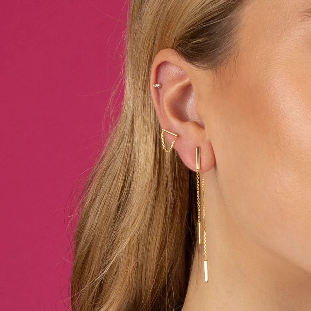 Solid Bar Chain Front Back Stud Earring 14K