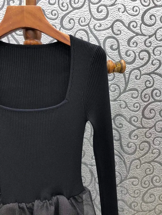 Spring Autumn Knitted Dress High Quality Women Sexy Square Collar