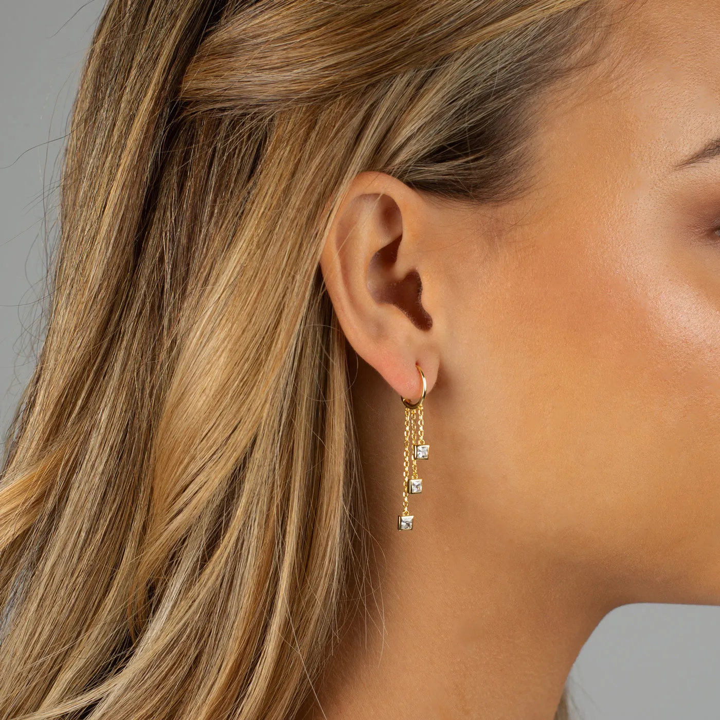 Square Bezel Multi Chain Drop Huggie Earring