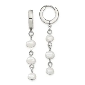 Stainless Steel Polished w/Freshwater Cultured Pearl Hinged Hoop Earrings
