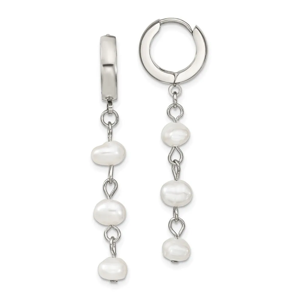 Stainless Steel Polished w/Freshwater Cultured Pearl Hinged Hoop Earrings