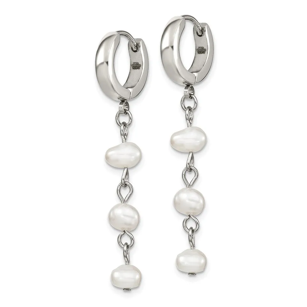 Stainless Steel Polished w/Freshwater Cultured Pearl Hinged Hoop Earrings