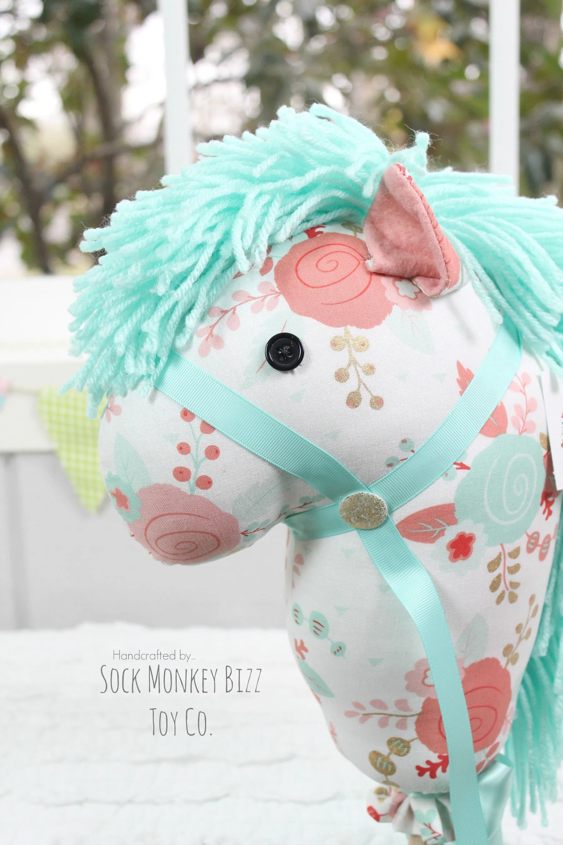 Stick Horse - Handcrafted Child's Toy Hobby Horse, Peach Aqua and Gold Floral